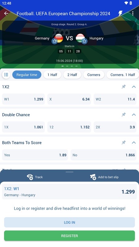 Экран приложения 1xBet на Android, снимок 2