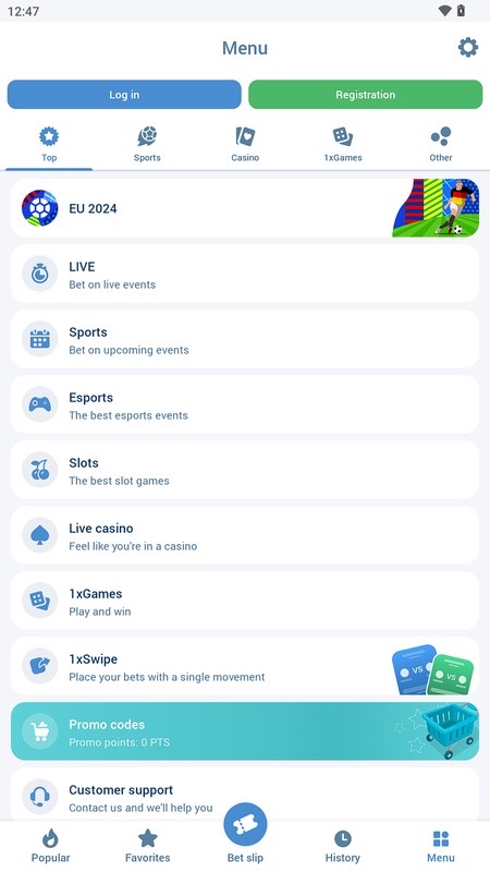 Экран приложения 1xBet на Android, снимок 4